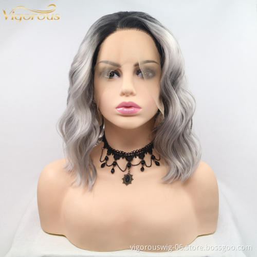 Vigorous ombre short bob premium high quality curly wholesale black women synthetic hair wigs with lace front